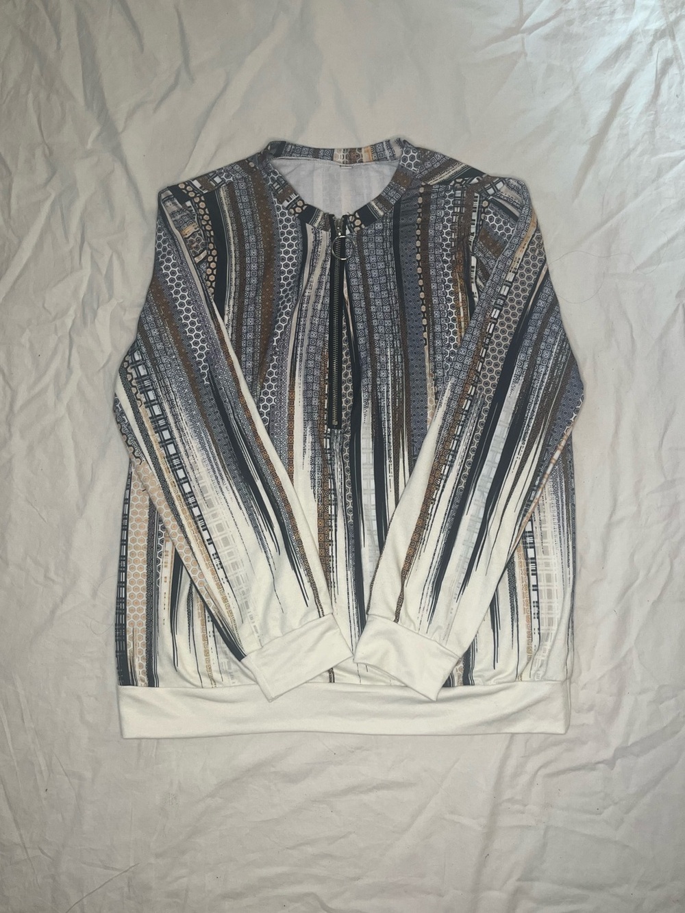 Women’s Striped Graphic Pullover L Hoodie in White, Blue & Brown